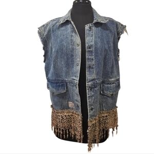 Gypsy South Atlanta L? Denim Vest with Fringe Detail Reworked Upcycled